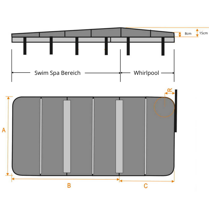Swim Spa 2 zonskydd tillverkat efter mått 460 till 690 cm - 3 delar